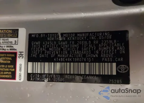 2009 Toyota Camry Le from USA, damaged, VIN 4T4BE46K19R076151